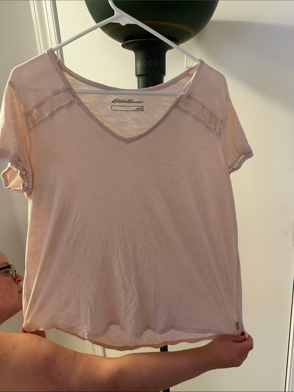Eddie Bauer Pale Blush V-Neck Tee with Lace Insets